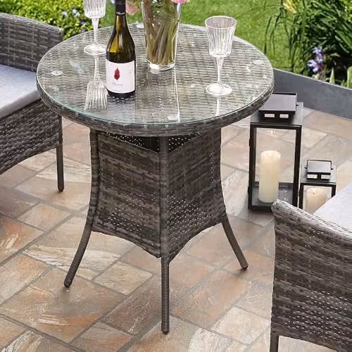 RayGar 3 Piece Grey Rattan Bistro Set with Glass Top Coffee Table and 2 Chairs for Garden and Terrace – 3