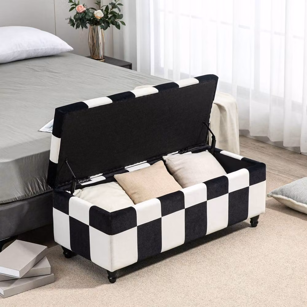 Wyld Haus Tava Velvet Storage Bench in Black and White with Wooden Legs – 8