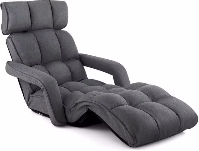 KORVIXA Modern Grey Fabric Indoor Chaise Lounger Sofa with Adjustable Headrest and Armrests, W/D/H: 100 x 100 x 100 cm