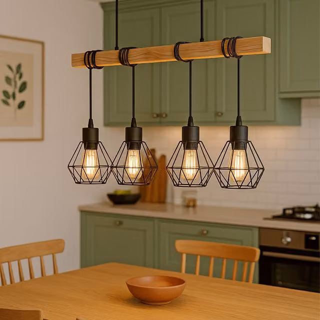 Eglo Townshend 5 Industrial Style 4-Light Geometric Pendant Light in Black and Wood – 3