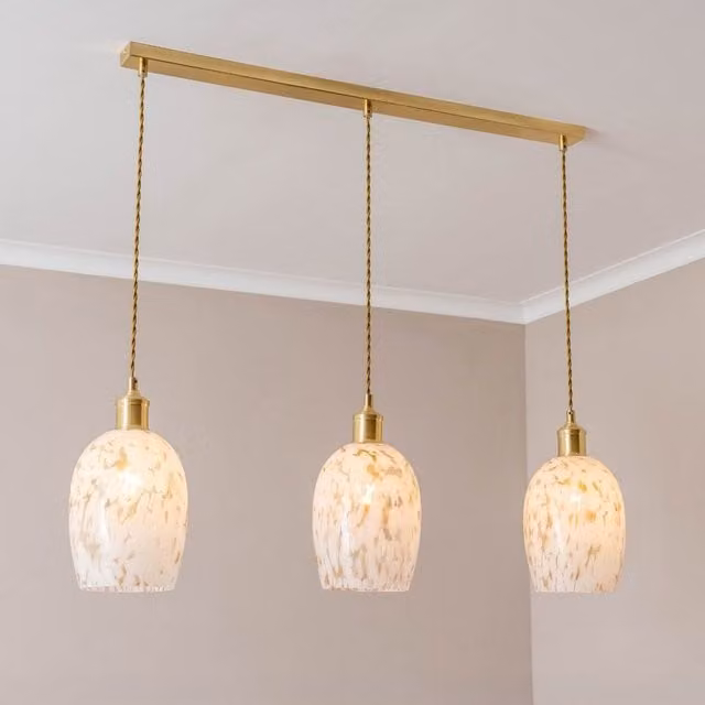 ValueLights India 3-Drop Ceiling Light with White Confetti Glass Shades and Gold Metal Accents