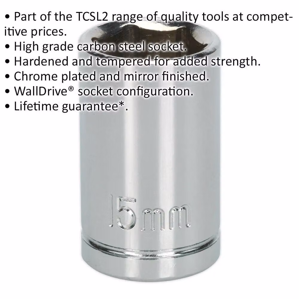 Loops 15mm Chrome Plated 1/2 inch Square Drive Socket in Silver Carbon Steel – 2