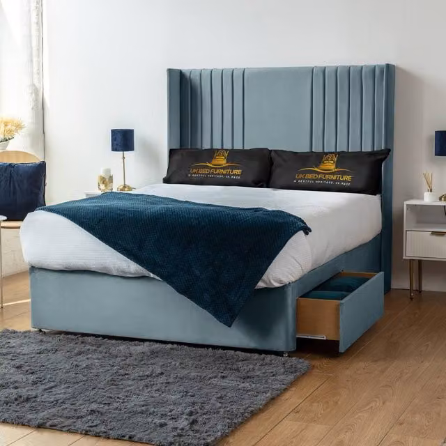 UK Bed Furniture Skyline Wingback Divan Bed with 2 Drawers and 54 Headboard in Light Blue Velvet, Size: 180 x 200 cm
