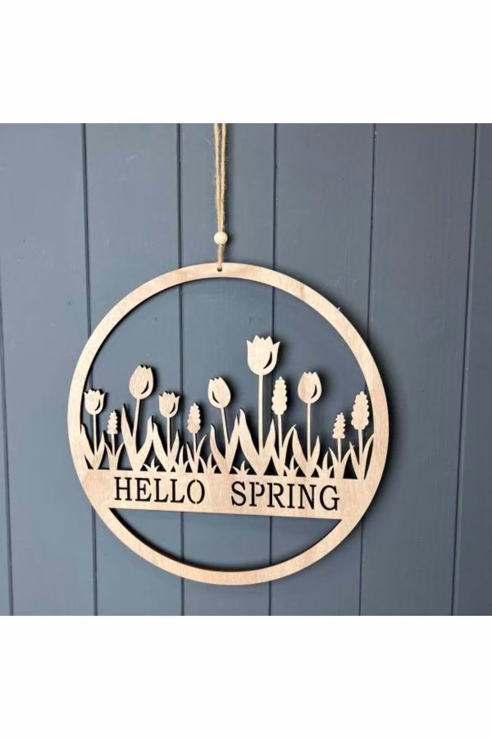 KDMD Hello Spring Round Wooden Wreath in Natural Brown and Beige – 2