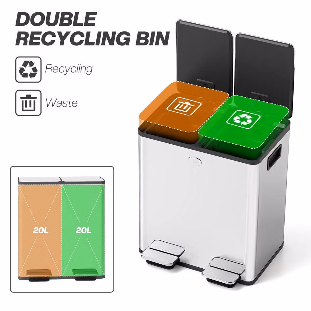 HOMCOM Dual Kitchen Pedal Bin for Recycling and Waste, Silver Tone, 2 x 20L – 3