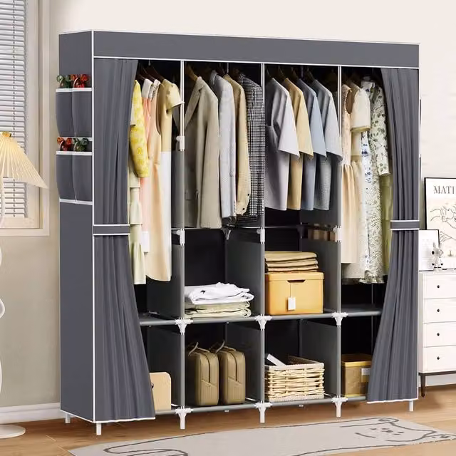 SPETLEK Large Fabric Canvas Wardrobe in Grey with Hanging Rod and Internal Shelves, W/D/H: 170 x 45 x 45 cm