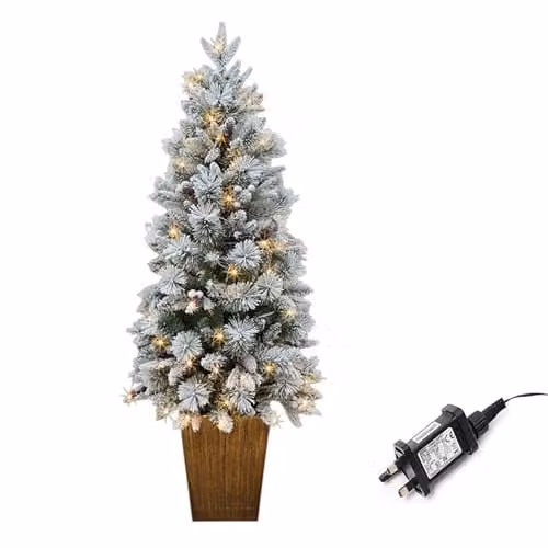 Shatchi 1.2m Pre-Lit Snow Flocked Potted Christmas Tree with 80 Warm White LED Lights, Pine Cones and Red Berries in White and Red