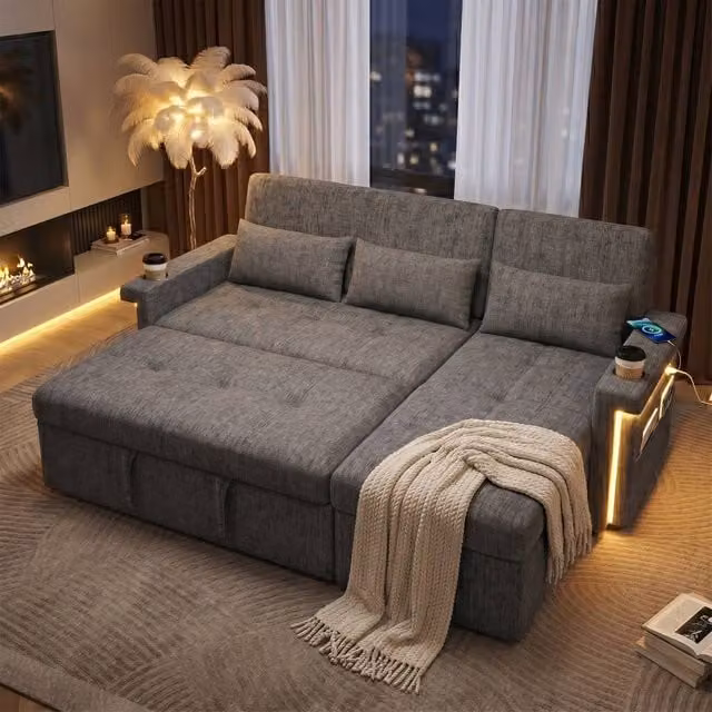 FENCHILIN Grey L-Shape Corner Pull-out Sofa Bed with LED Lighting and Adjustable Headrest