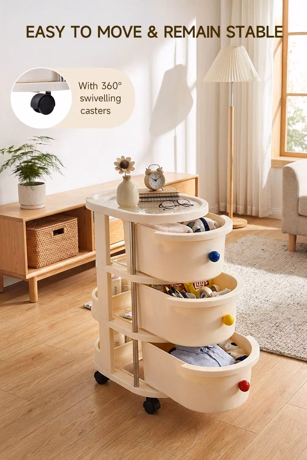 Living and Home 3-Tier Rolling Storage Cart with Drawers and Lockable Casters in Cream – 2