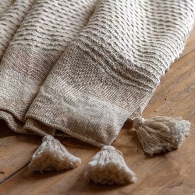 Terrys Beige Striped Cotton Fluffy Throw with Fringes W: 130 cm, D: 170 cm