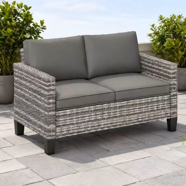 ERGOVEXA Two-Seater Modern Rattan Outdoor Sofa in Grey with Upholstered Cushions and Powder Coated Steel Frame – 1