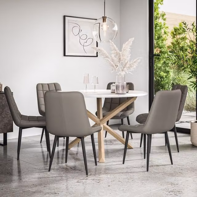 More4Homes Malvern Round Dining Table and 6 Nova Faux Leather Chairs Set, Marble Top with Solid Oak Legs, Grey and White – 1
