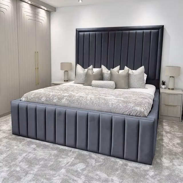 Living Comfort Bedz Hampton Upholstered Slatted Base Bed with 54-Inch Panel Headboard in Anthracite Grey Velvet, W/D/H: 140 x 200 cm – 1