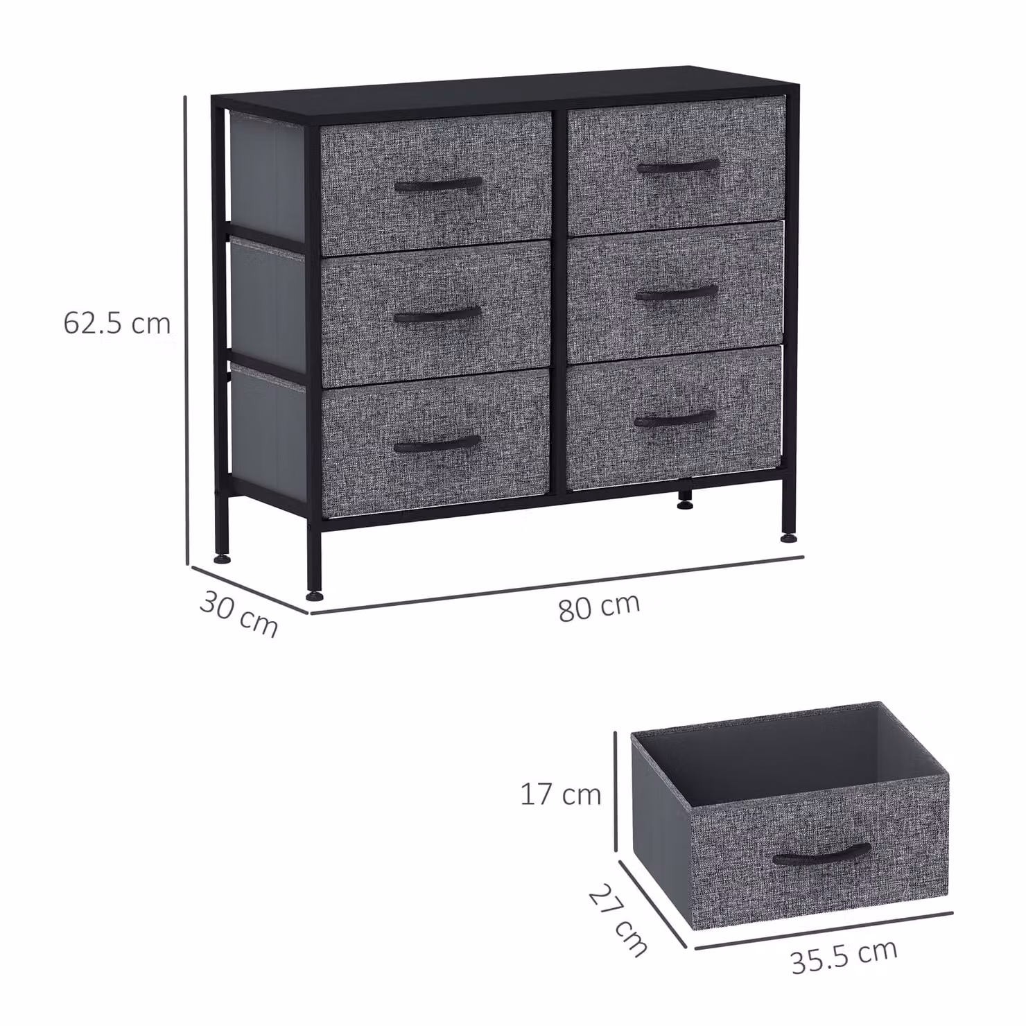 HOMCOM Industrial Fabric Chest of Drawers with 6 Drawers, Steel Frame and Wooden Top, Black/Grey, W/D/H: 62.5 x 80.0 x 1.0 cm – 3