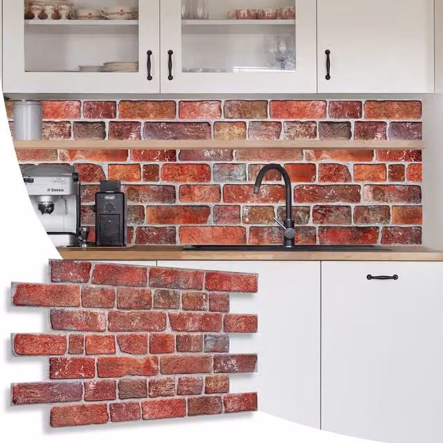NOVECRAFTO 3D PVC Wall Panels with Retro Brick Effect in Red, W: 96 cm, H: 48 cm