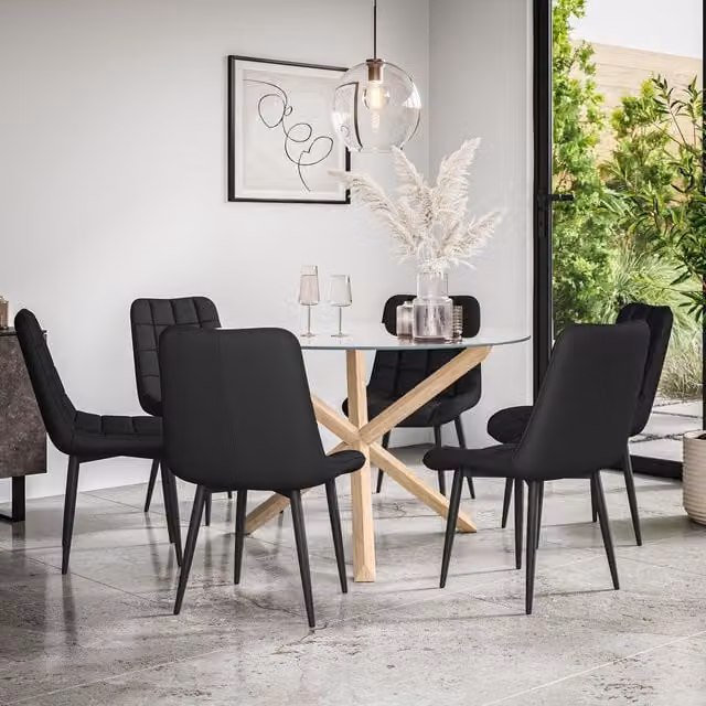 More4Homes Malvern Round Dining Table and 6 Nova Faux Leather Chairs Set, Clear Glass Top with Solid Oak Legs and Black Chairs, Diameter: 120 cm, Height: 75 cm – 1