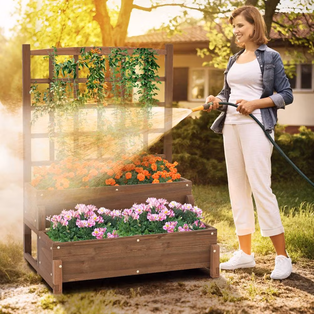 Costway 2-Tier Wooden Raised Garden Bed with Lattice Trellis in Brown, W/D/H: 121 x 67 x 67 cm – 7
