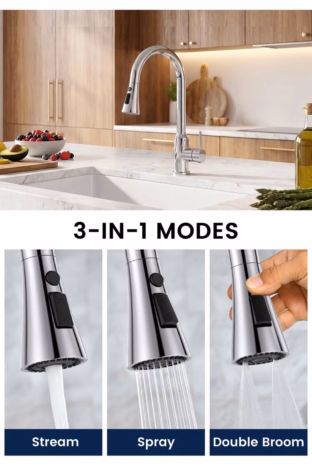 JANLEMNY Chrome Pull Out Kitchen Mixer Tap with Single Lever and Spray Function in Metallic Silver – 2