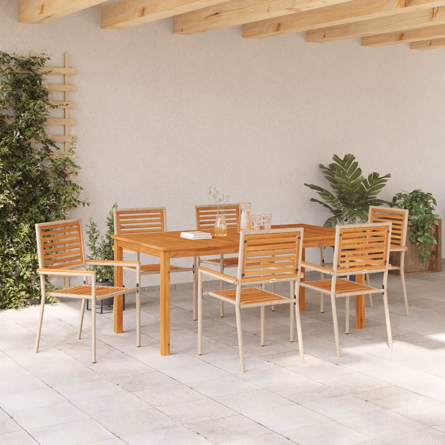 Berkfield Home 7 Piece Garden Dining Set in Beige Poly Rattan and Acacia Wood – 3