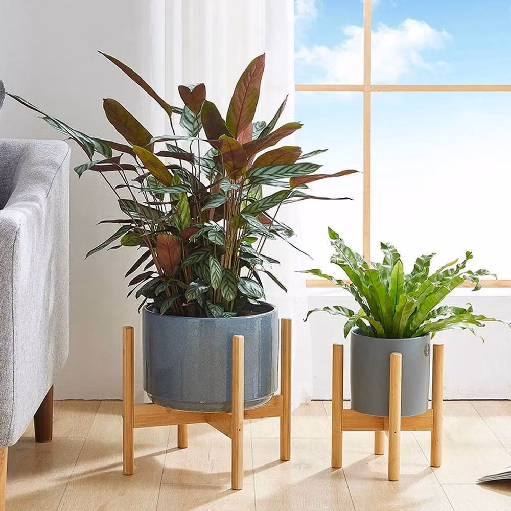 NESTLUNE Adjustable Bamboo Plant Stand in Brown and Sand with Mid-Century Round Wood Tabletop – 2