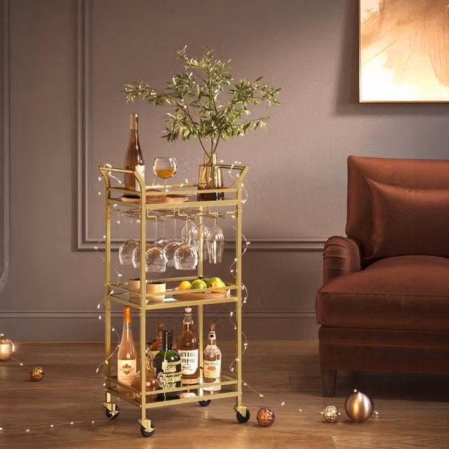 VASAGLE Gold Drinks Serving Trolley with Mirrored Glass Shelves, W: 46.8 cm, D: 30.0 cm, H: 92.0 cm