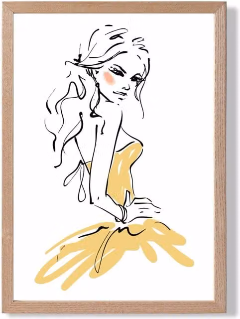 ARTZE Fashion Pen and Ink Sketch Framed Print, Yellow and Black, Oak Wood Frame, A2