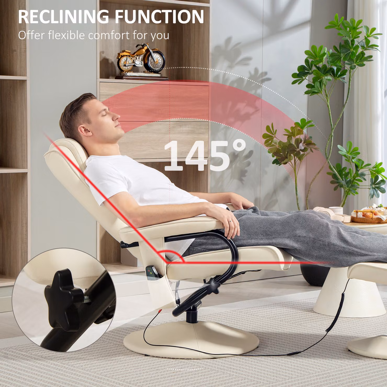 HOMCOM Swivel Recliner Chair and Footstool Set in Cream White Faux Leather with Remote Control and 360 Degree Rotation – 3