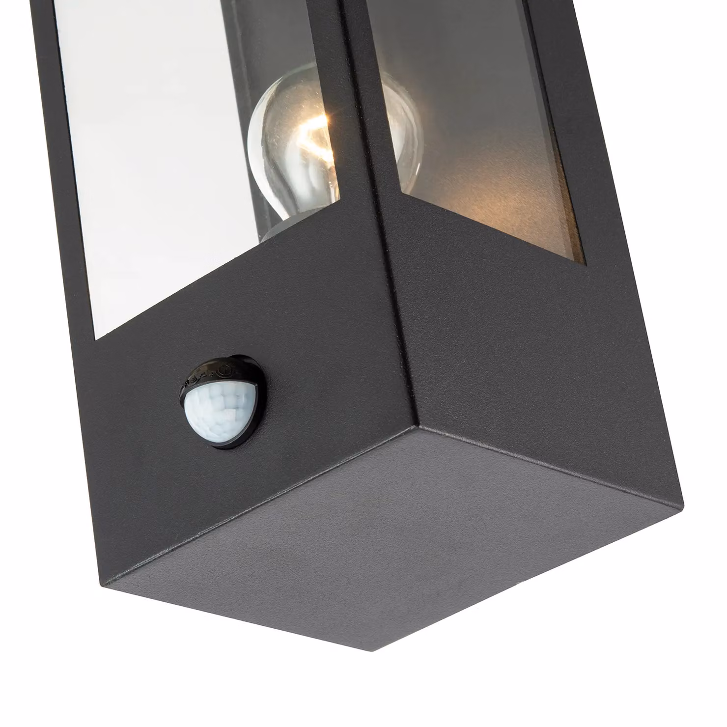 Happy Homewares Modern Outdoor PIR Sensor Wall Light Fitting, Black Lantern Style with Transparent Glass, IP44 Rated – 3