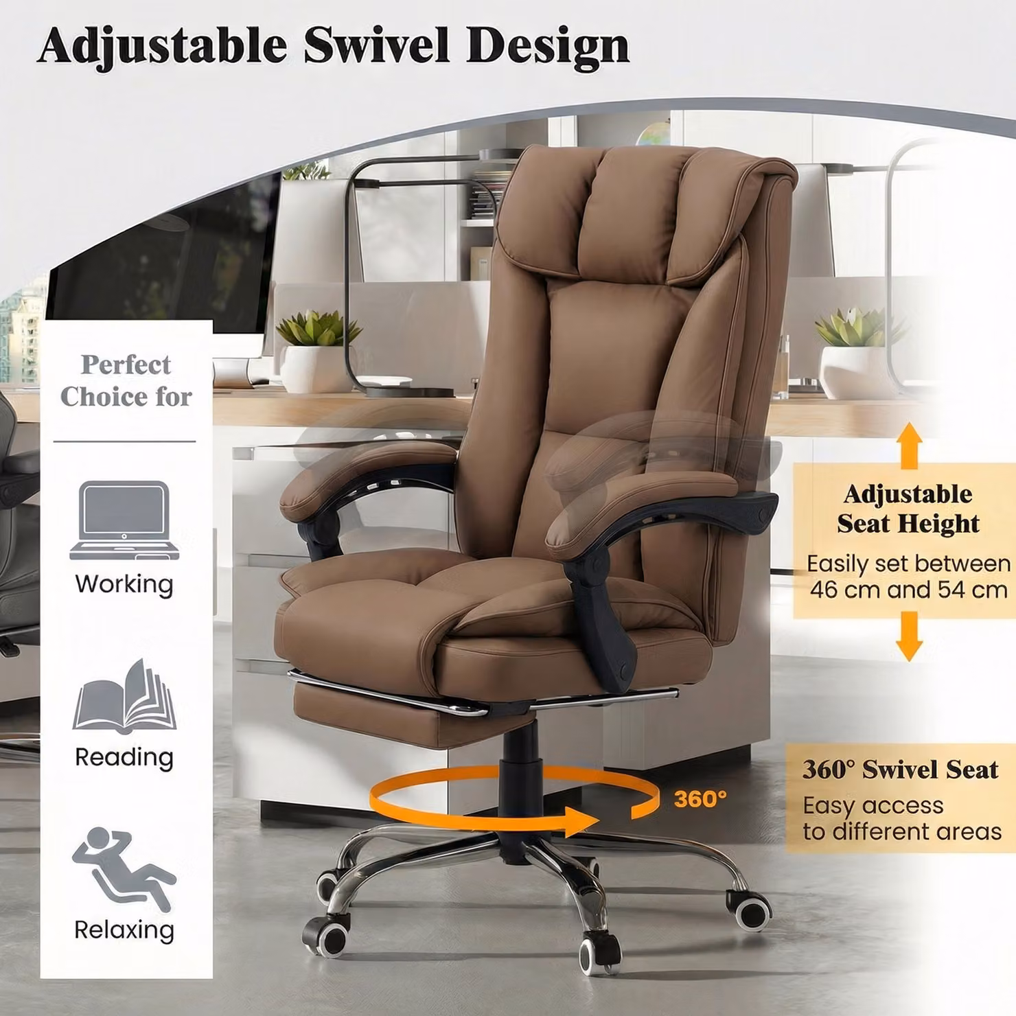 HOMCOM Brown Faux Leather Reclining Executive Swivel Office Chair with Armrests and Headrest – 5