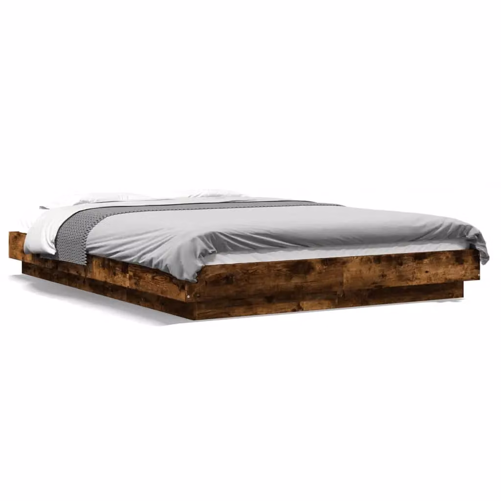 Berkfield Home Modern Small Double Bed Frame with LED Under-Bed Lighting and USB Charging Port in Smoked Oak Brown, W/D/H: 120 x 200 cm – 2