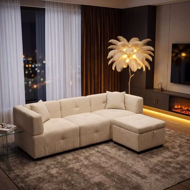 FENCHILIN L-Shaped Reversible Corner Sofa with Movable Storage Ottoman and Scatter Cushions in Beige