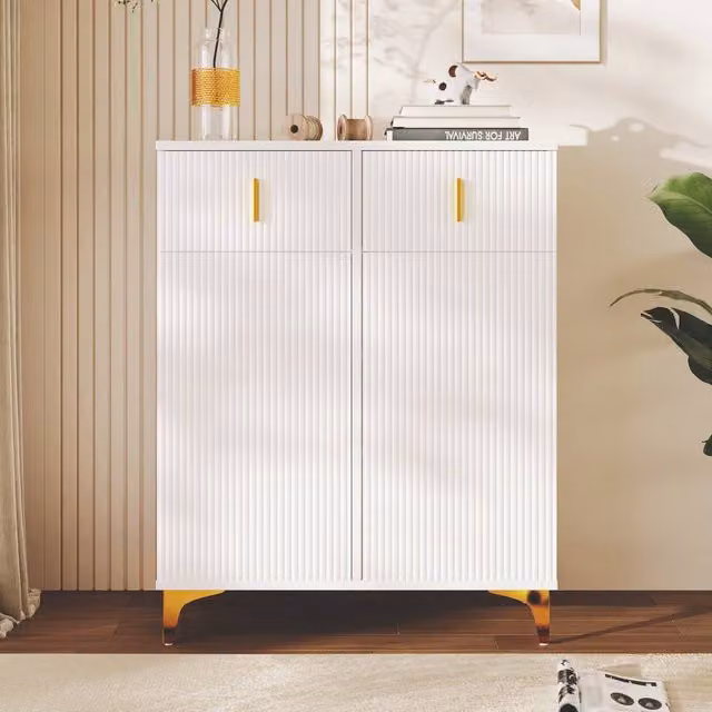 BTM Elegant White and Gold Glossy Sideboard Shoe Cabinet with Adjustable Shelves, W/D/H: 101 x 35 x 83 cm