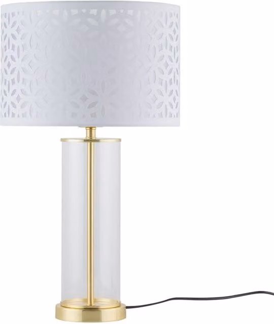 First Choice Lighting Aura Satin Brass Table Lamp with White Cut Out Shade in Gold, H 54.5 x W 42.0 x D 30.0 cm