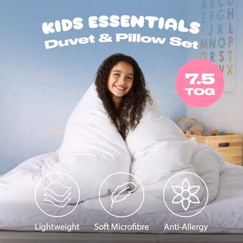 OHS White Single Childrens Duvet and Pillowcase Set, 7.5 Tog Hollowfibre Anti-Allergy Bedding – 2