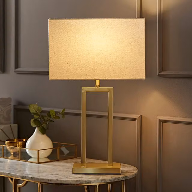 ValueLights Gloria Double Stem Table Lamp with Rectangular Fabric Shade and LED Bulb in Gold/Brass