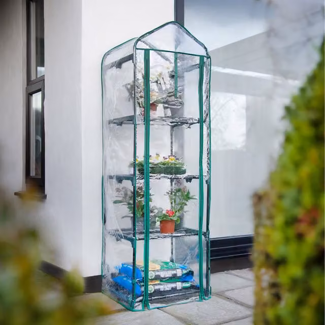 VonHaus 4 Tier Curved Mini Garden Greenhouse with Shelving in Green and Transparent