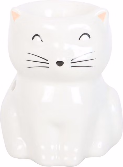 Something Different Smiling Cat Ceramic Oil Burner in White and Yellow