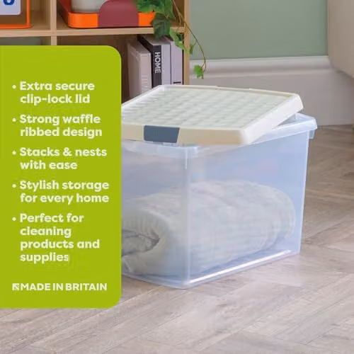 Wham Set of 4 Stackable Plastic Storage Boxes with Lids, 21.5L Each, Transparent and Beige – 2