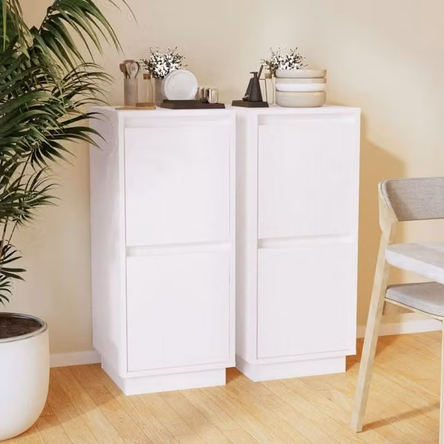 Berkfield Home Set of 2 White Solid Pine Wood Sideboards, W/D/H: 31.5 x 34 x 75 cm