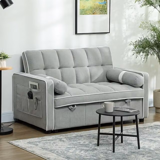 HOMCOM 2 Seater Modern Fabric Pull Out Sofa Bed with Scatter Cushions in Grey