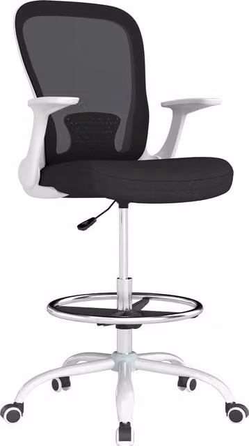 HOMCOM Ergonomic Draughtsman Mesh Office Chair with Flip-up Armrests and Adjustable Foot Ring, Black and White – 1