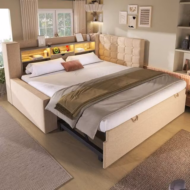 Merax Upholstered Single Daybed in Beige with USB Charging Port, Under-bed Lighting and Trundle Storage, W/D/H: 90 x 190 cm