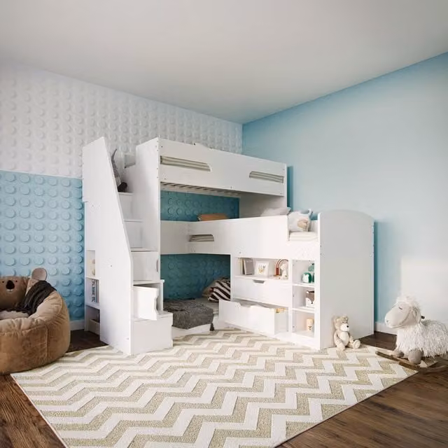 Flair Oscar Triple Bunk Bed in White with Stairs and Drawers