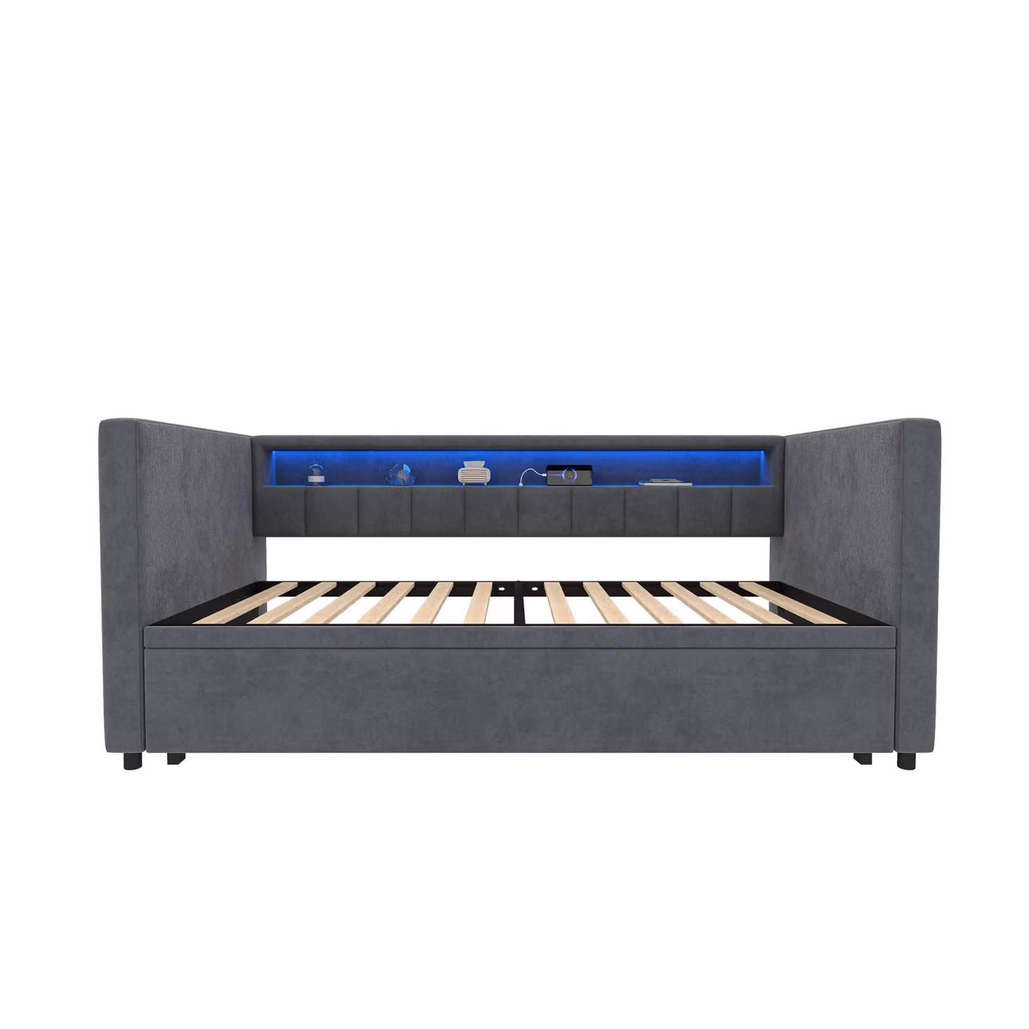 Aosom UK Dark Grey Upholstered Sleeper Sofa with Pull-Out Double Bed, USB Type-C Charging and LED Lighting, W/D/H: 100 x 201 x 73 cm – 2