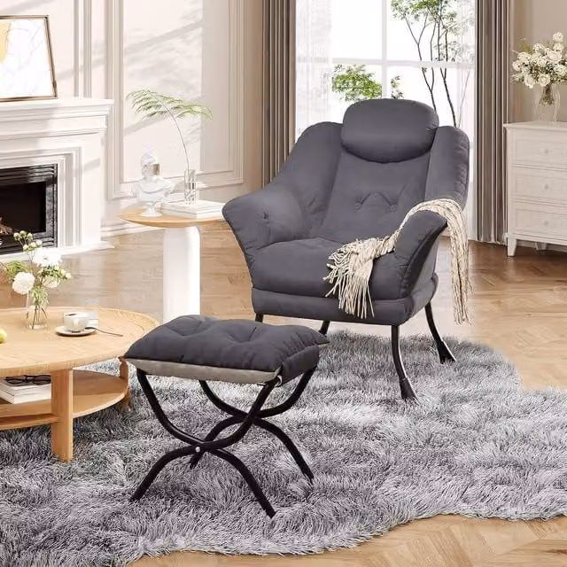 London Boutique Modern Grey Fabric Lounge Chair Set with Ottoman and Side Pocket
