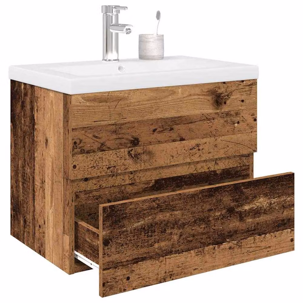Berkfield Home Freestanding Sink Cabinet with Built-in Basin and Faucet in Brown Old Wood, W/D/H: 60.0 x 45.0 x 38.5 cm – 1