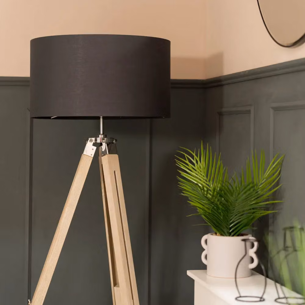 ValueLights Clipper Tripod Floor Lamp with Brown Wood Base and Charcoal Fabric Cylinder Shade in Silver – 3