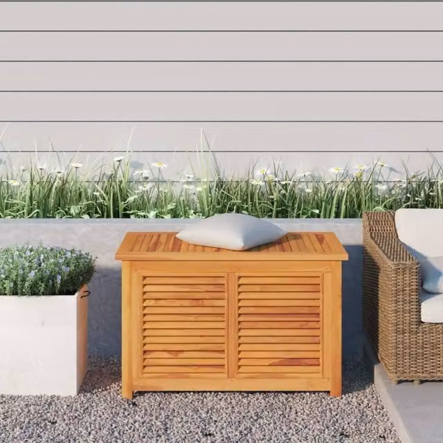 Berkfield Home Garden Storage Box with Bag in Brown Solid Teak Wood, W/D/H: 90 x 50 x 58 cm