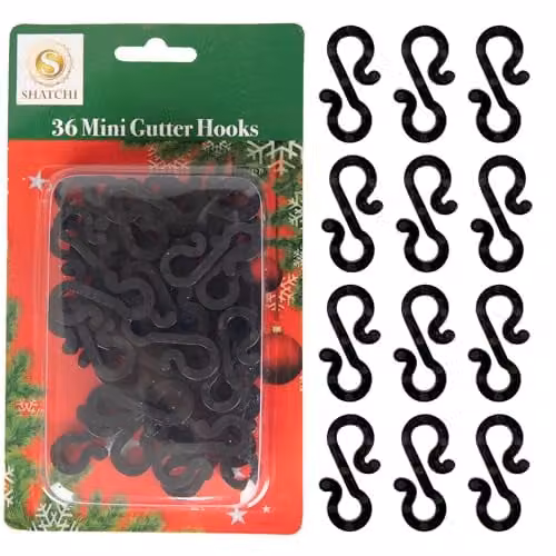 SHATCHI 36-Piece Black S-Shape Mini Gutter Hooks, Reusable Plastic Christmas Light Hangers for Outdoor Seasonal Fairy Lights
