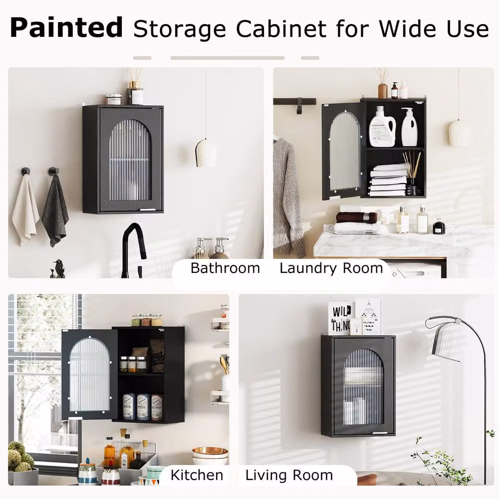 Costway Modern Black Wooden Wall Mounted Bathroom Medicine Cabinet with Glass Doors and Internal Shelves – 8